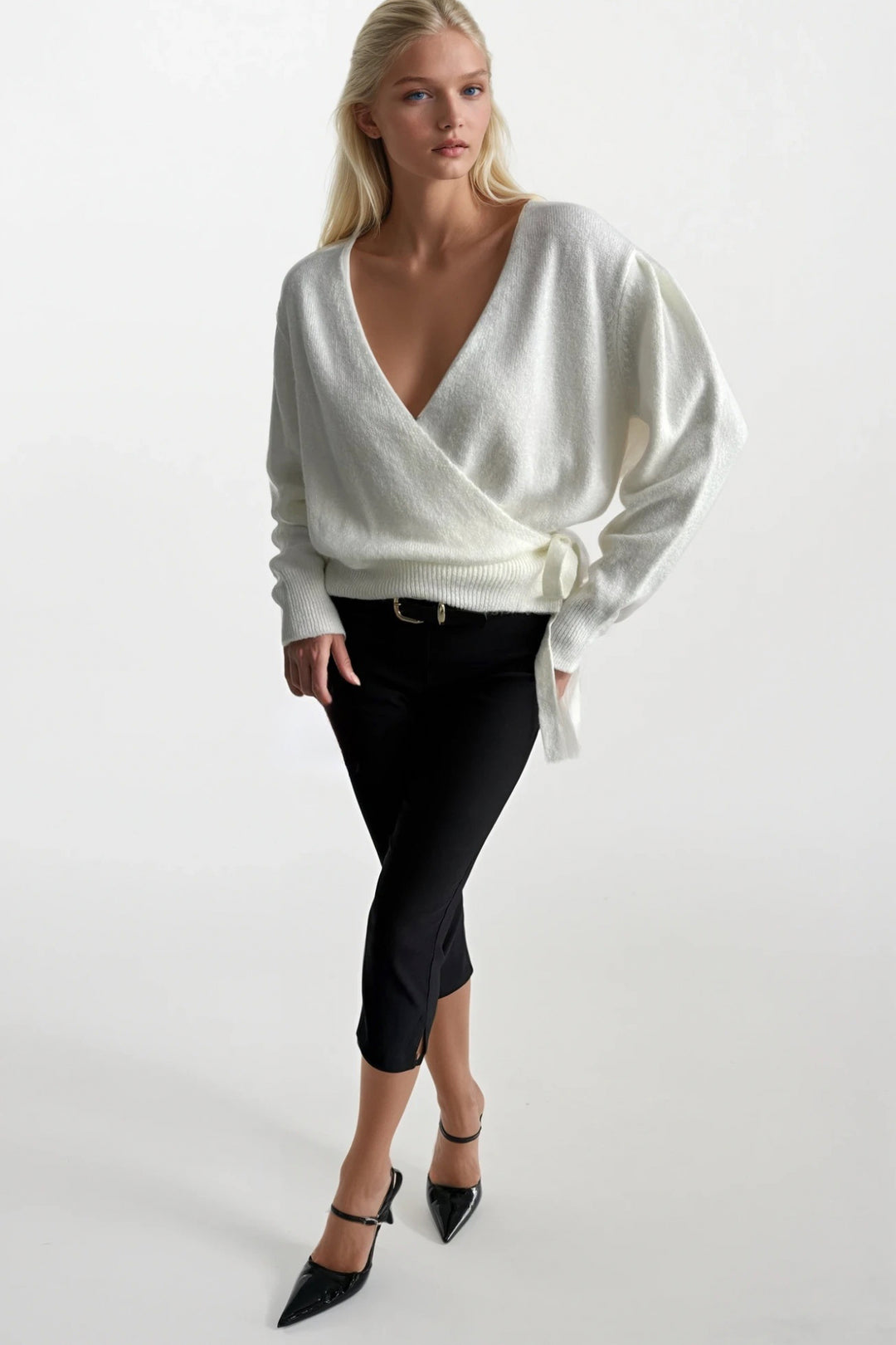 Kruvaze Bağlamalı Ekru Triko Hırka