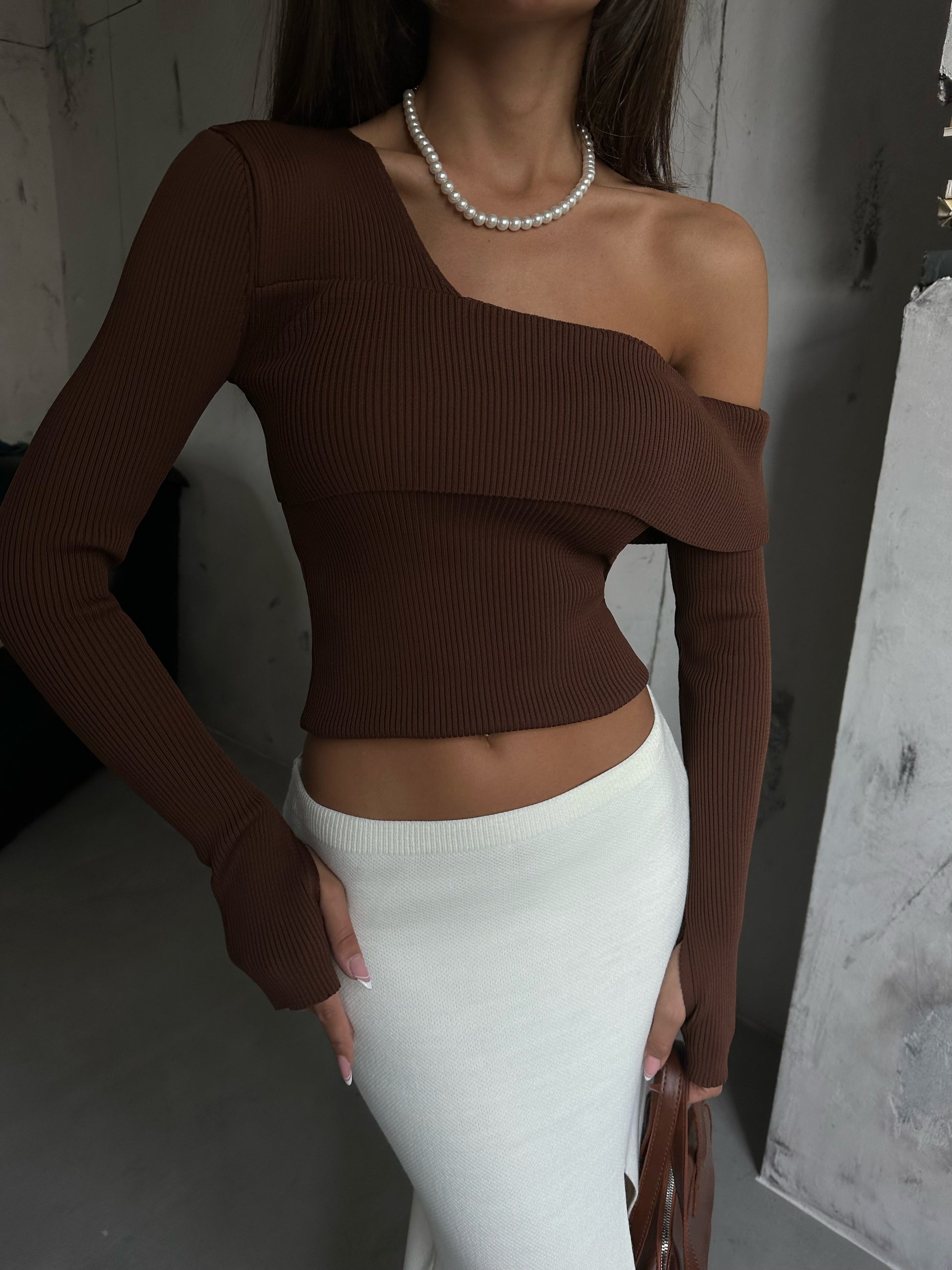 Double Breasted Asymmetrical Brown Knitted Sweater 