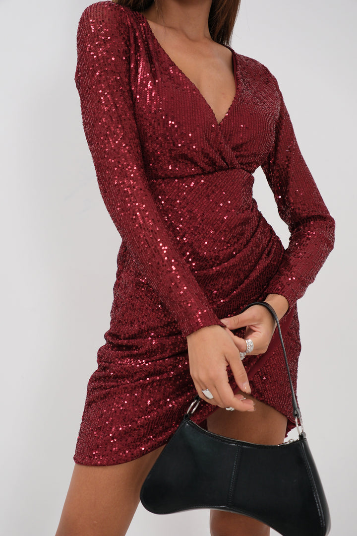 Double Breasted Sequined Mini Burgundy Dress 