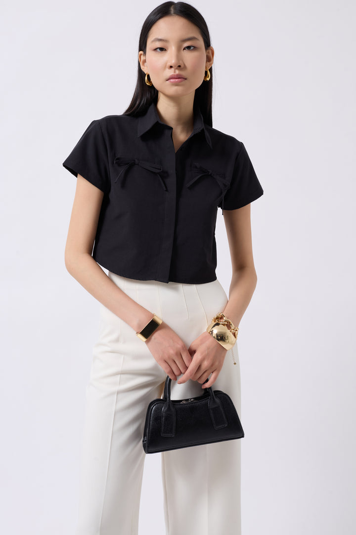 Ribbon Detail Crop Black Shirt