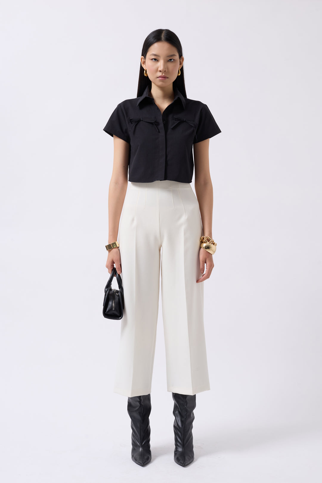 Ribbon Detail Crop Black Shirt