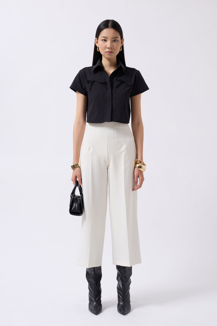 Ribbon Detail Crop Black Shirt