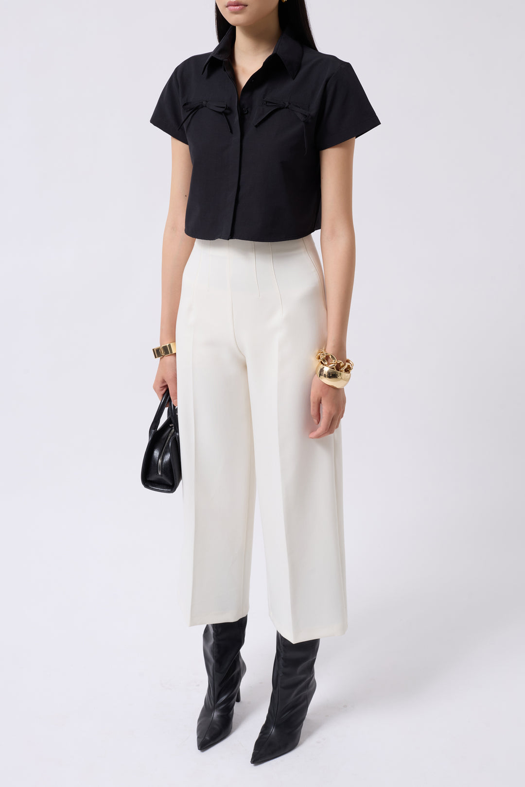 Ribbon Detail Crop Black Shirt