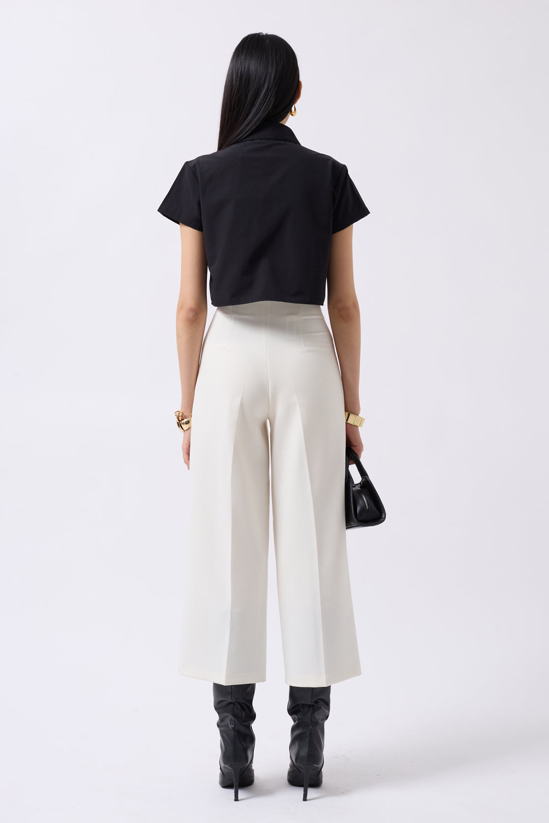 Ribbon Detail Crop Black Shirt