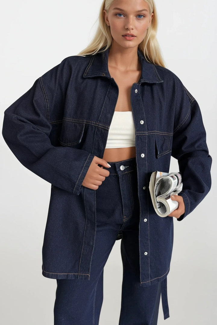 Kuşak Detay Denim Ceket