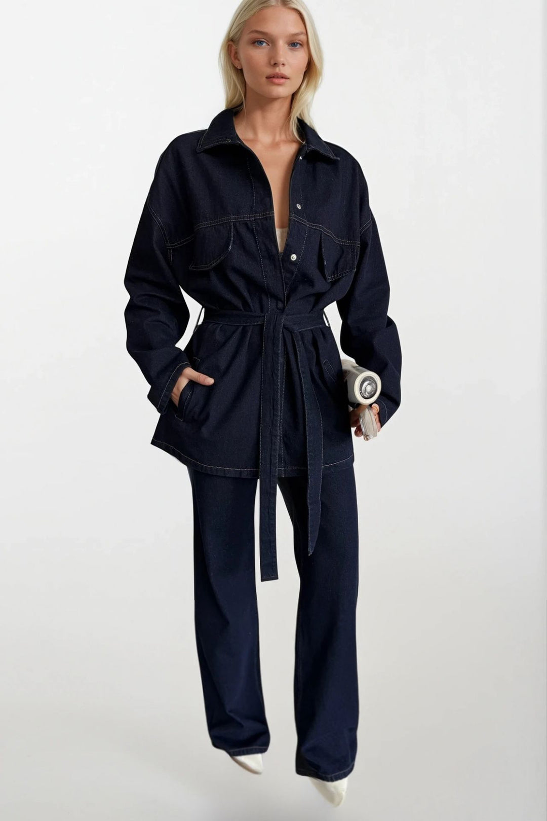 Kuşak Detay Denim Ceket