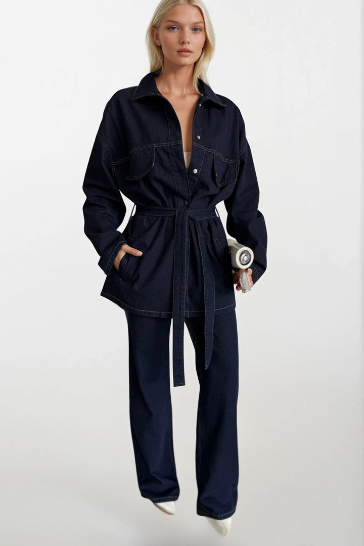 Kuşak Detay Denim Ceket