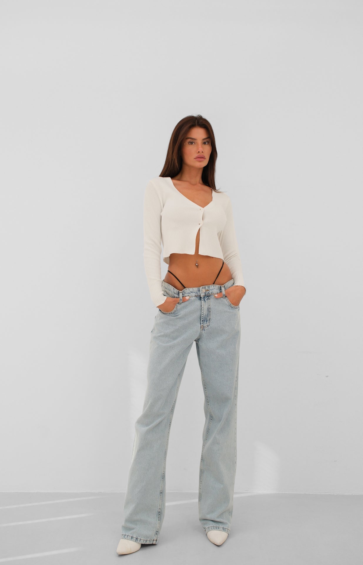 Elastic Detail Light Blue Low Waist Jeans 