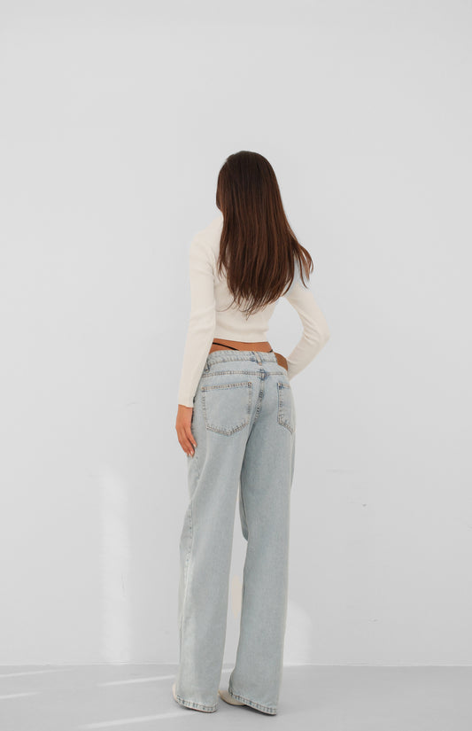 Elastic Detail Light Blue Low Waist Jeans 