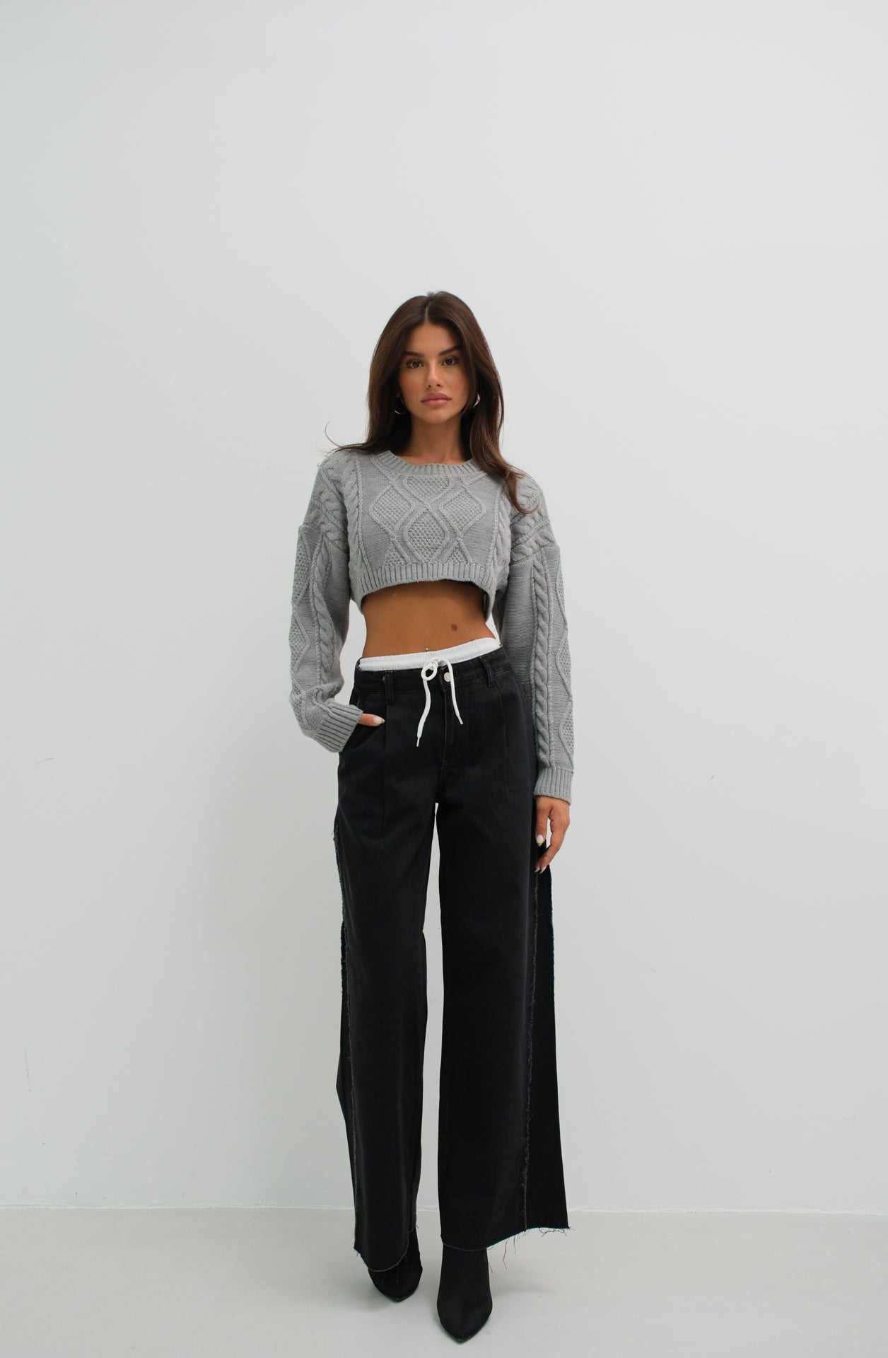 Elastic Boxer Low Waist Gray Jean Two Piece Set 