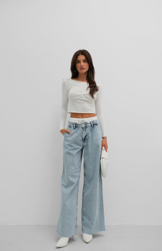 Elastic Boxer Low Waist Blue Jeans Two Piece Set 