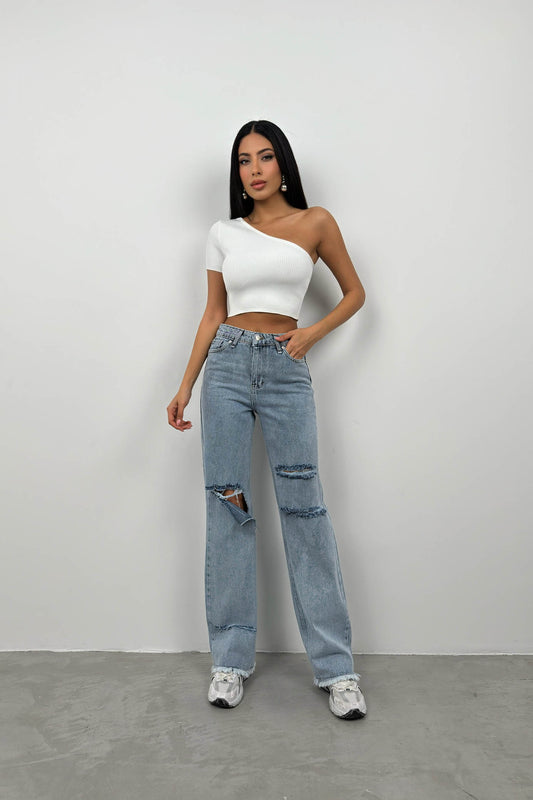 Laser Cut Wide Leg Blue Jeans 