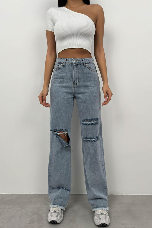 Laser Cut Wide Leg Blue Jeans 