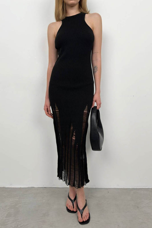 Laser Cut Textured Black Dress 