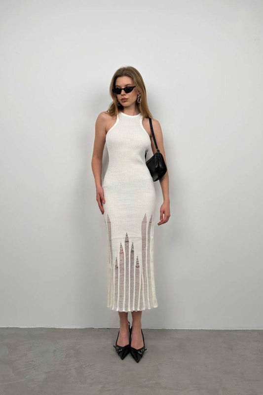 Laser Cut Textured Ecru Dress 