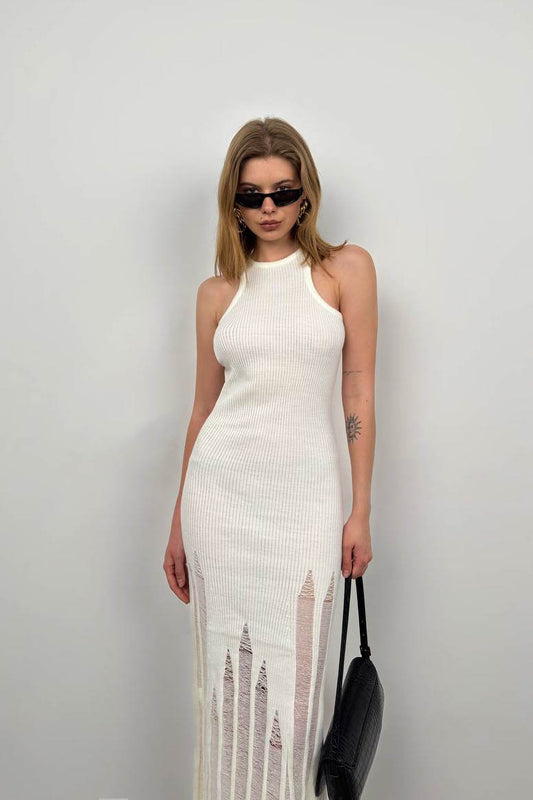 Laser Cut Textured Ecru Dress 