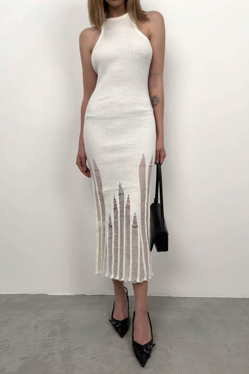 Laser Cut Textured Ecru Dress 