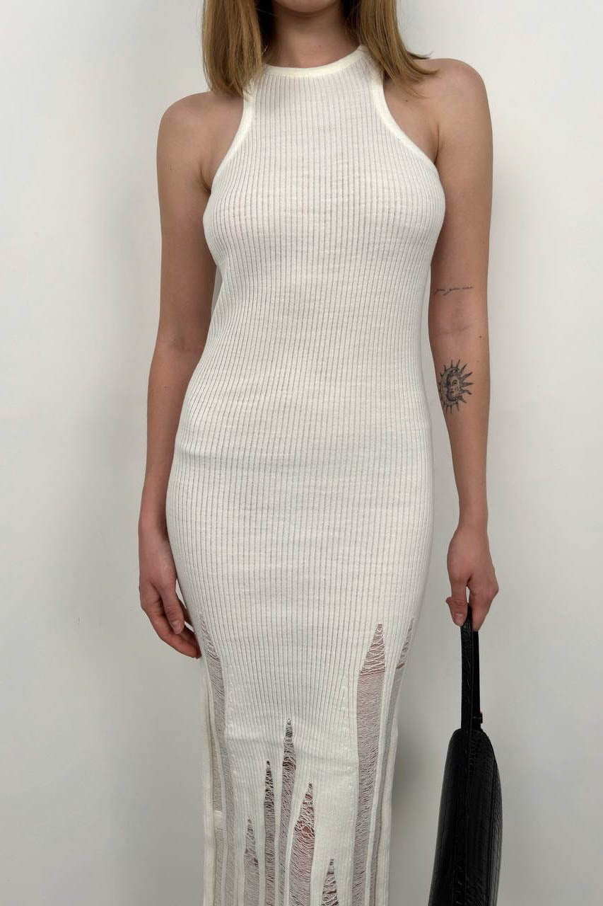 Laser Cut Textured Ecru Dress 