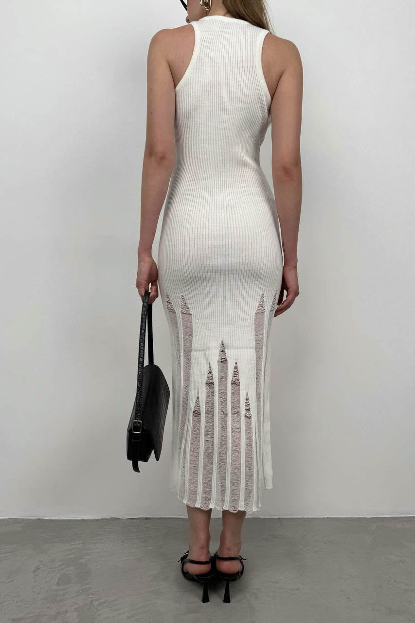 Laser Cut Textured Ecru Dress 