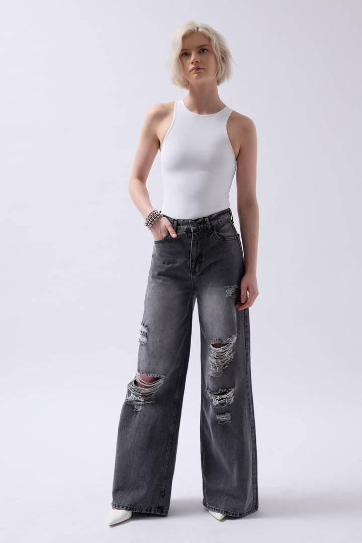 Laser Cut Wide Leg High Waist Black Jeans 