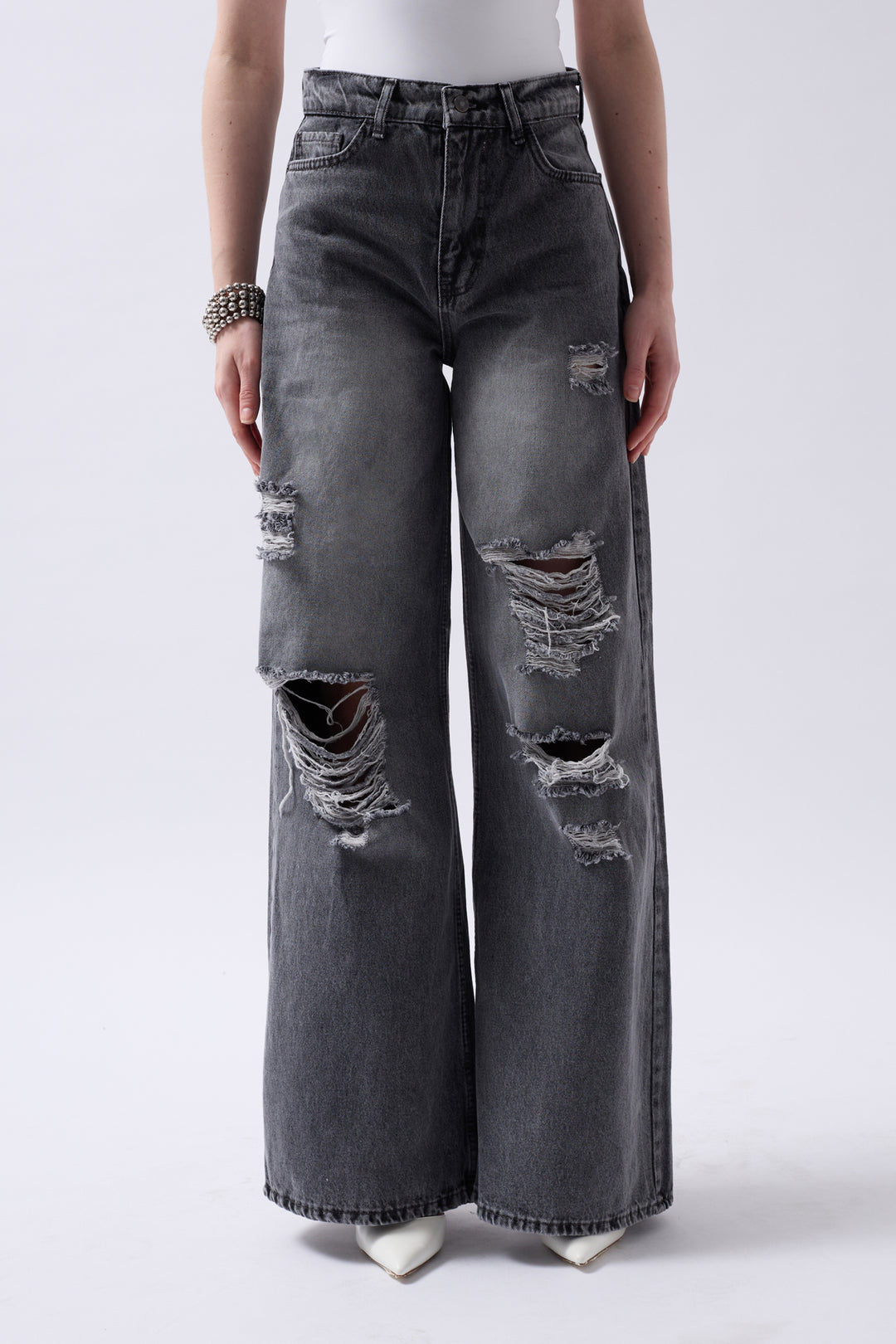 Laser Cut Wide Leg High Waist Black Jeans 