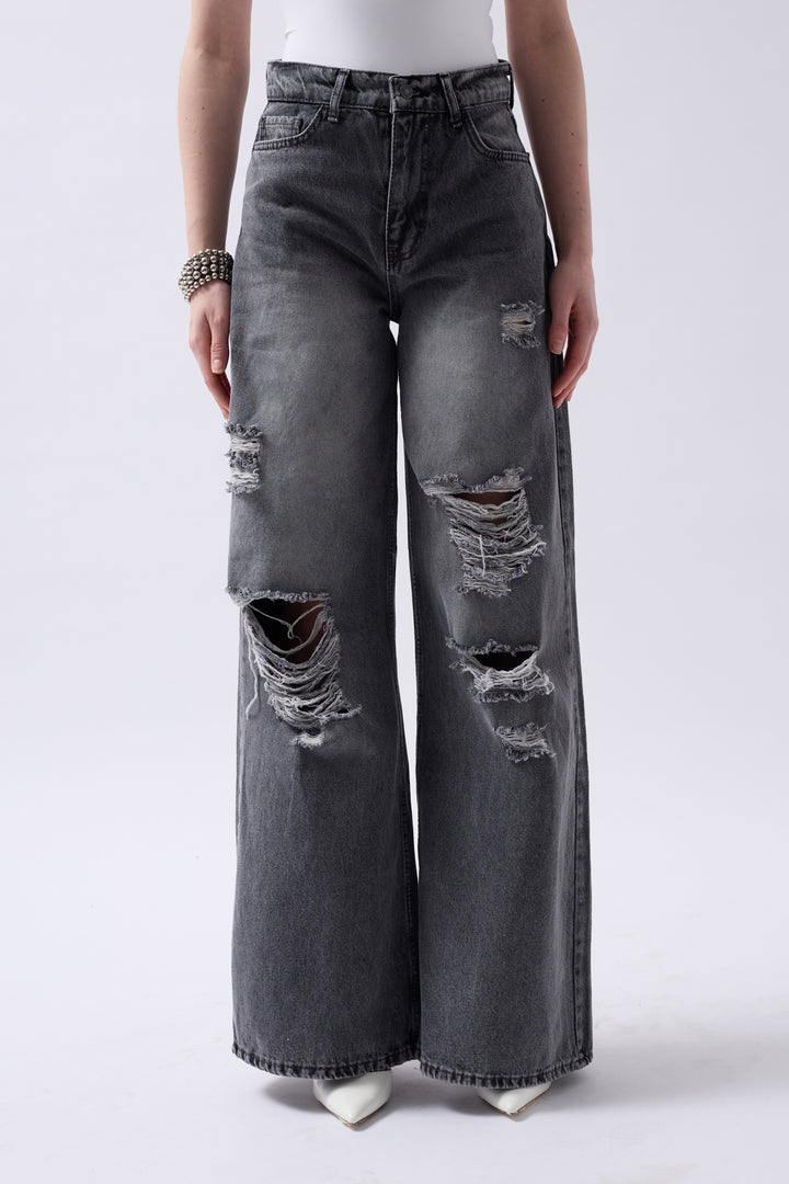 Laser Cut Wide Leg High Waist Black Jeans 