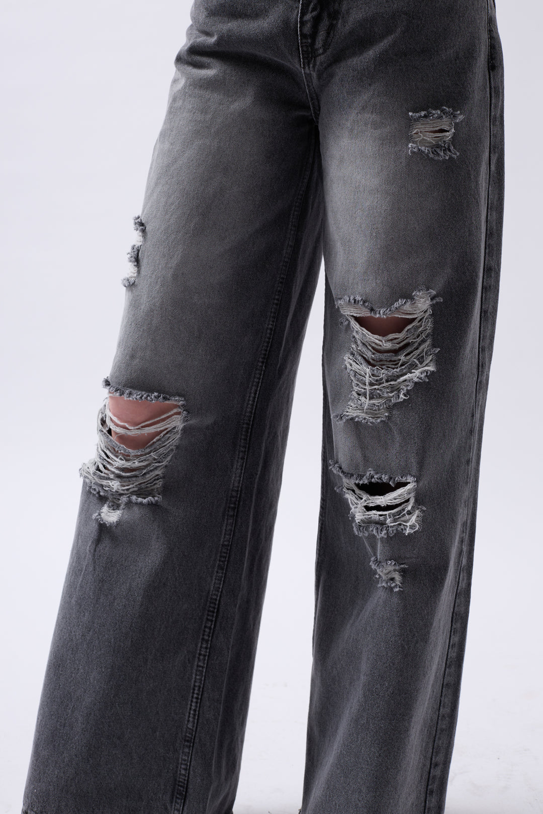 Laser Cut Wide Leg High Waist Black Jeans 