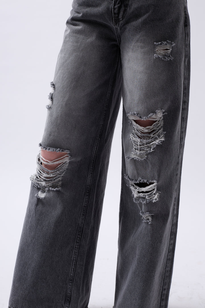 Laser Cut Wide Leg High Waist Black Jeans 