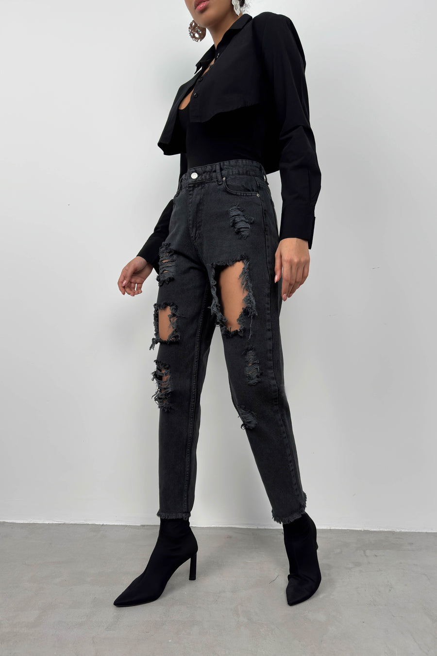 Laser Cut Gray Mom Jeans