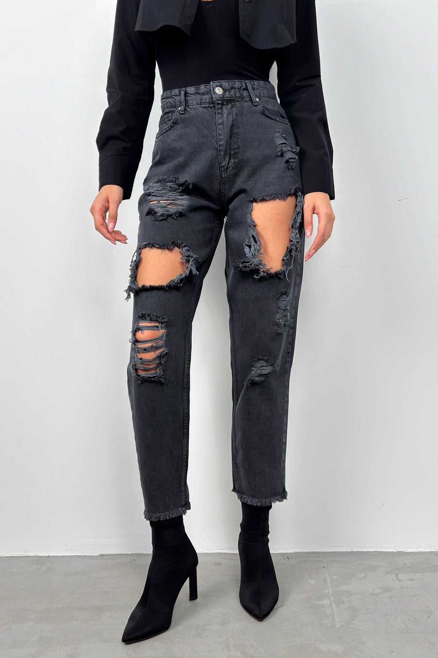 Laser Cut Gray Mom Jeans