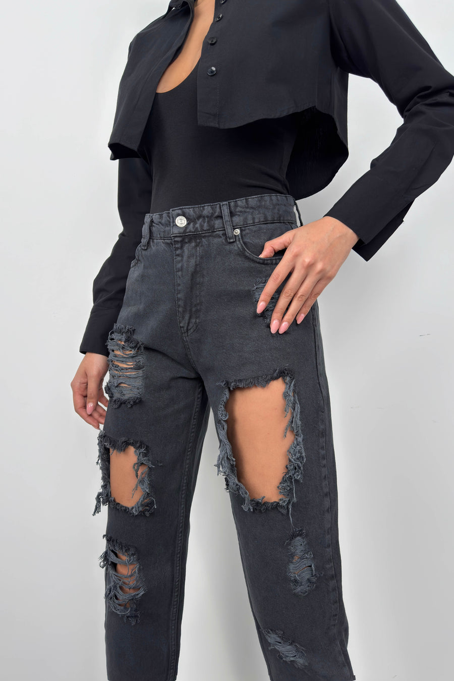 Laser Cut Gray Mom Jeans