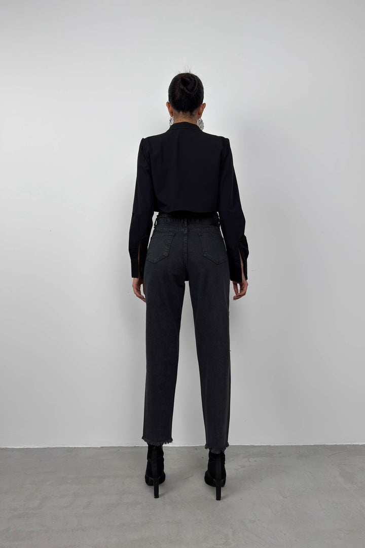 Lazer Kesim Gri Mom Jean