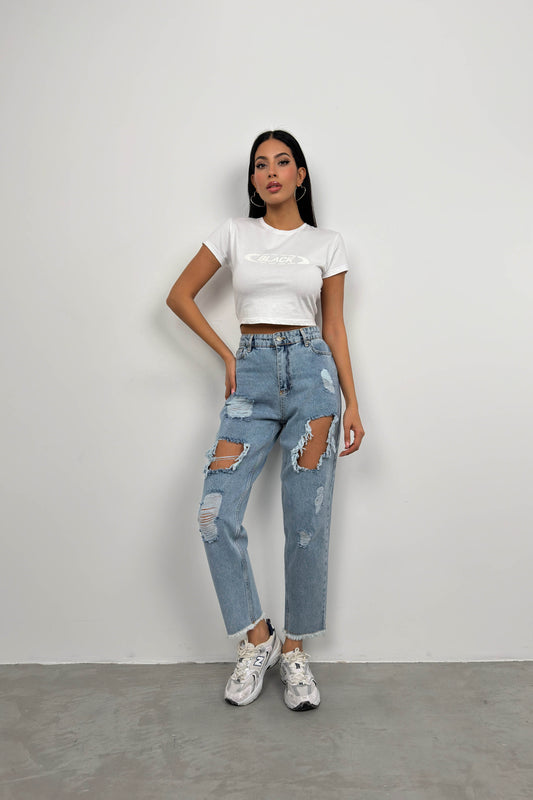 Laser Cut Light Blue Mom Jeans 