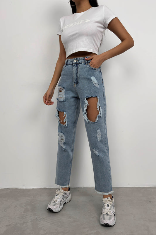 Laser Cut Light Blue Mom Jeans 