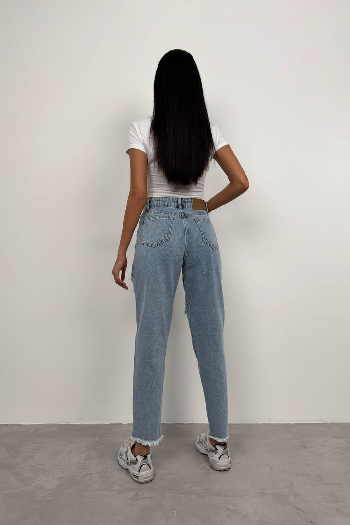 Lazer Kesim Açık Mavi Mom Jean