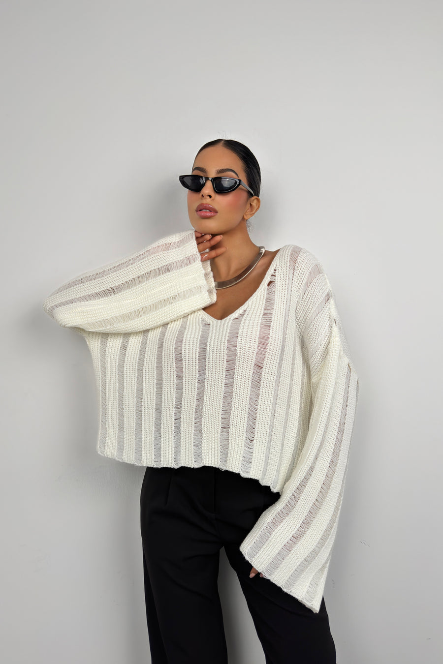 Laser Cut Ecru Knit Sweater 