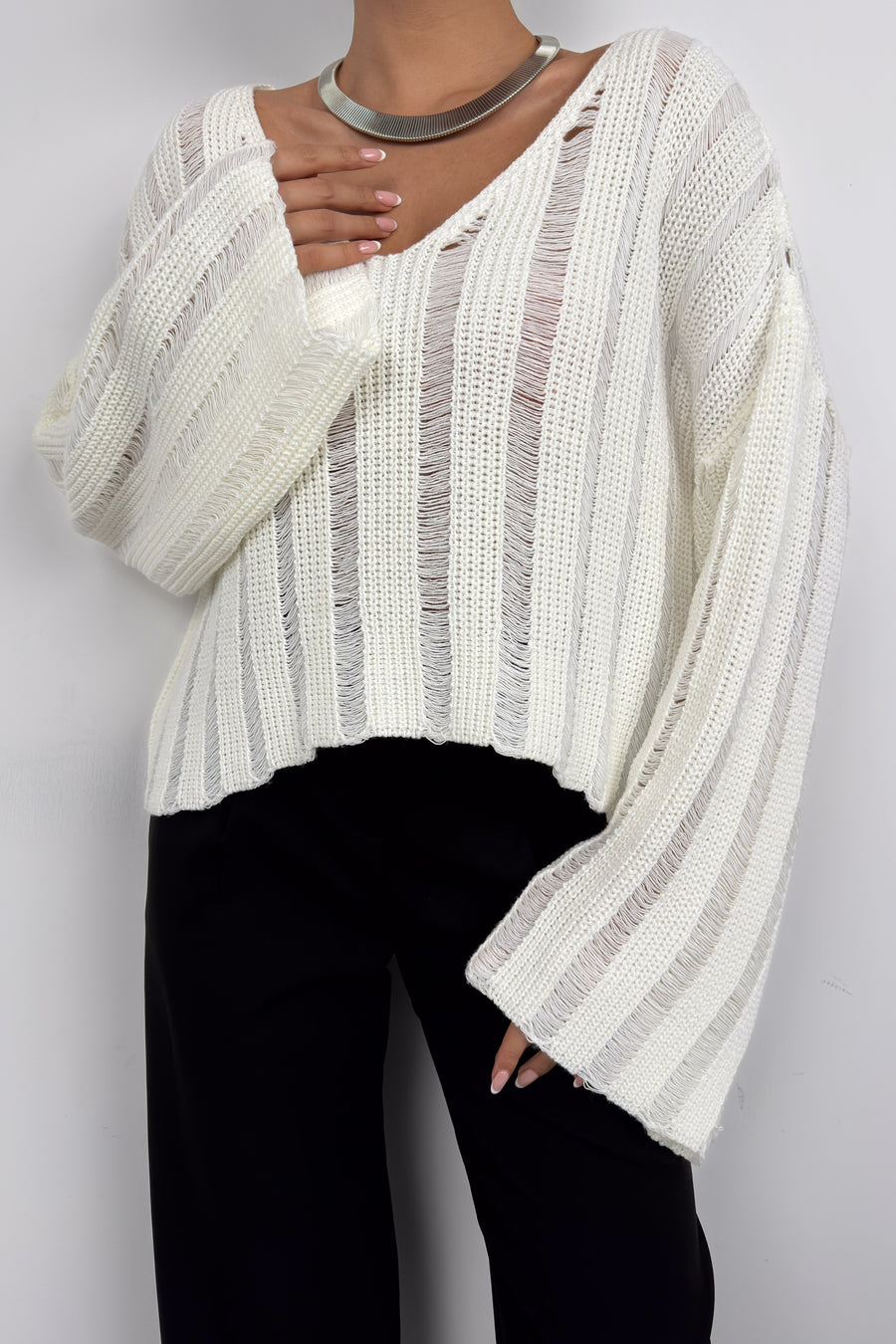 Laser Cut Ecru Knit Sweater 