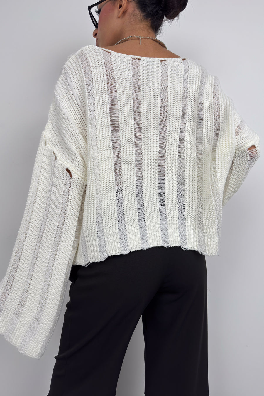 Laser Cut Ecru Knit Sweater 