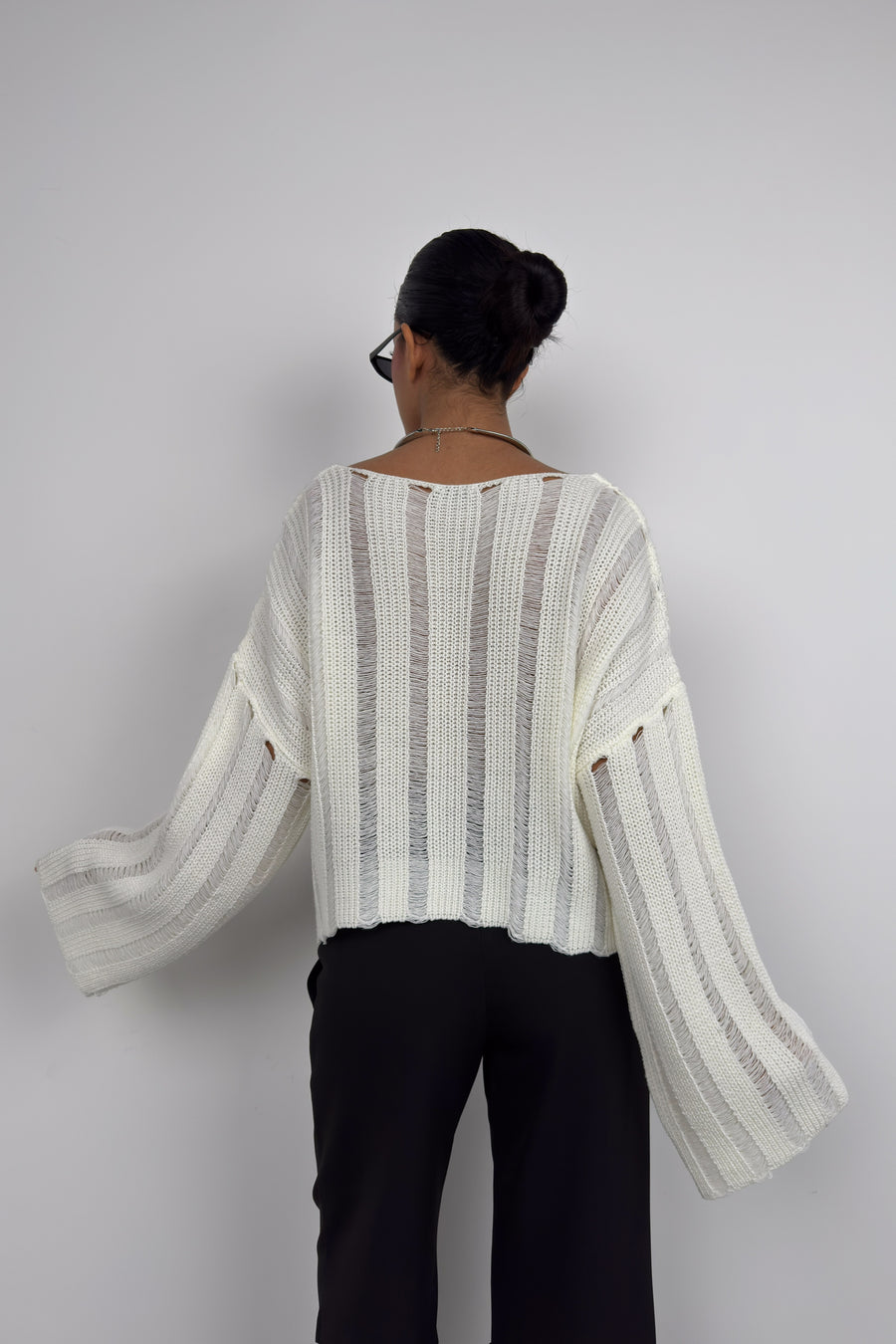 Laser Cut Ecru Knit Sweater 