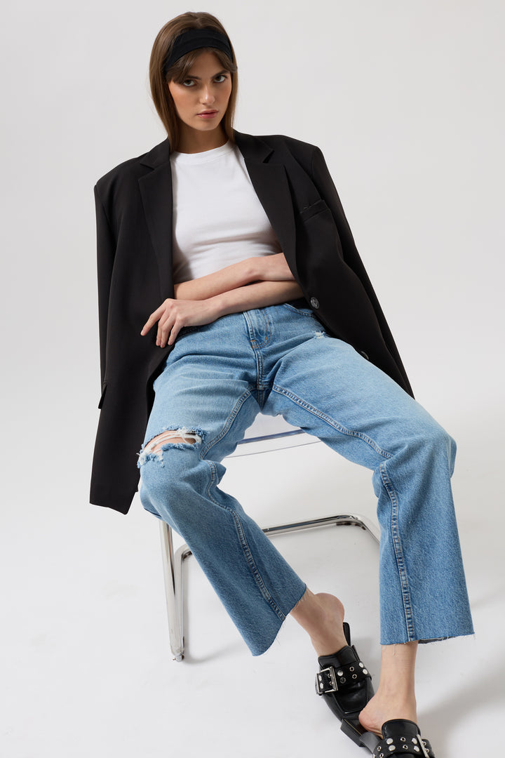 Lazer Kesim Yüksek Bel Mavi Jean