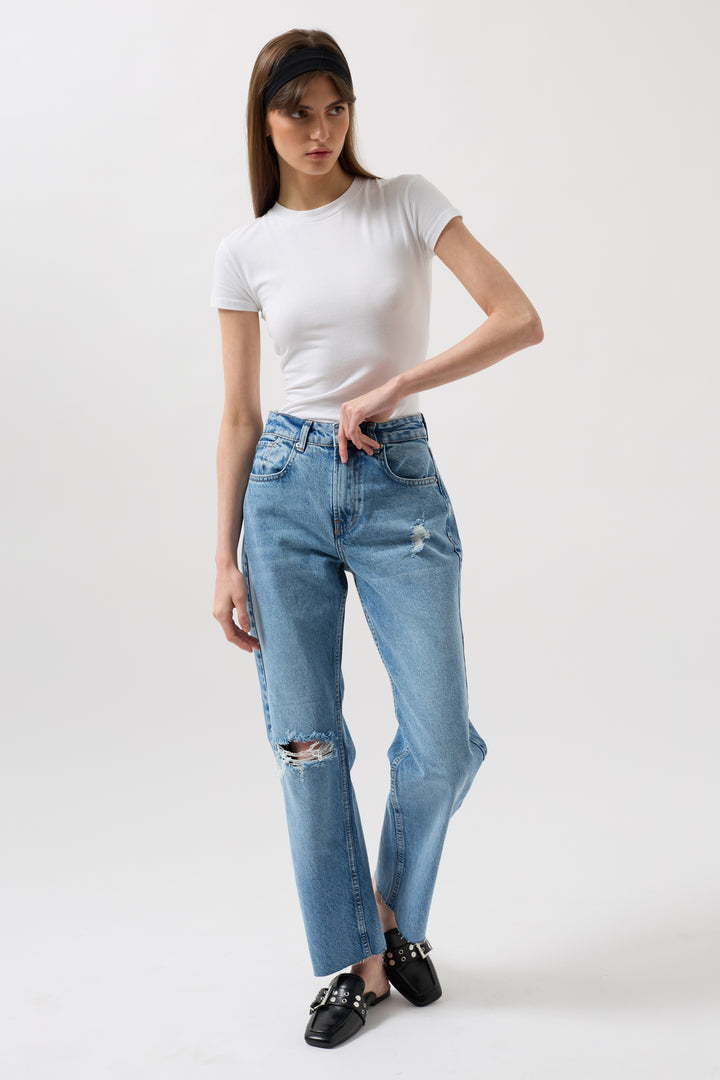 Lazer Kesim Yüksek Bel Mavi Jean