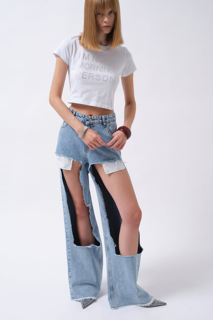Laser Cut High Waist Blue Jeans 
