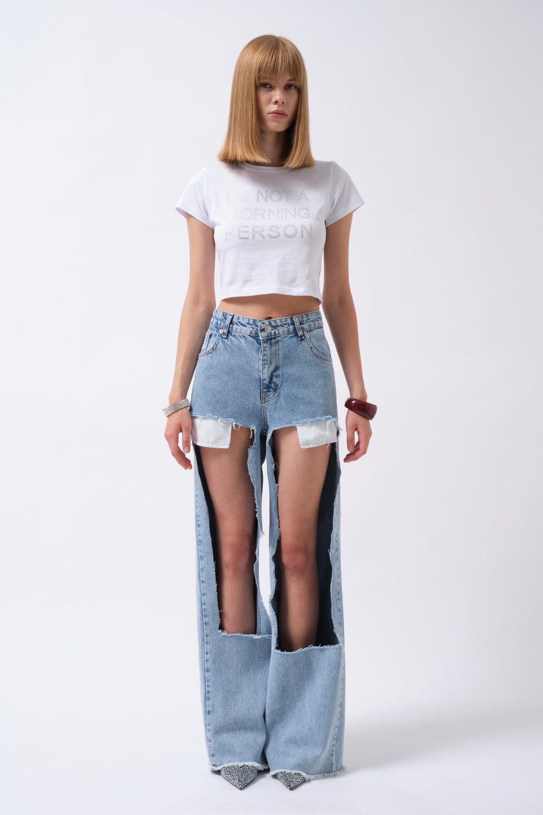 Laser Cut High Waist Blue Jeans 