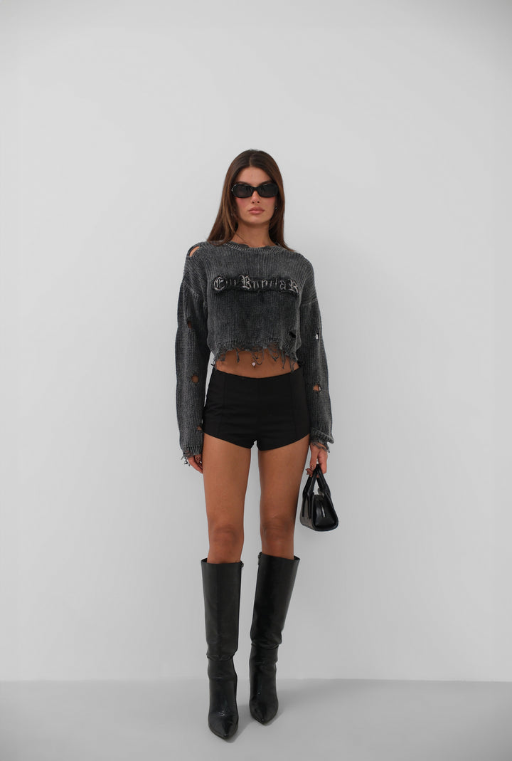 Laser Embroidered Washed Crop Smoke Sweater 