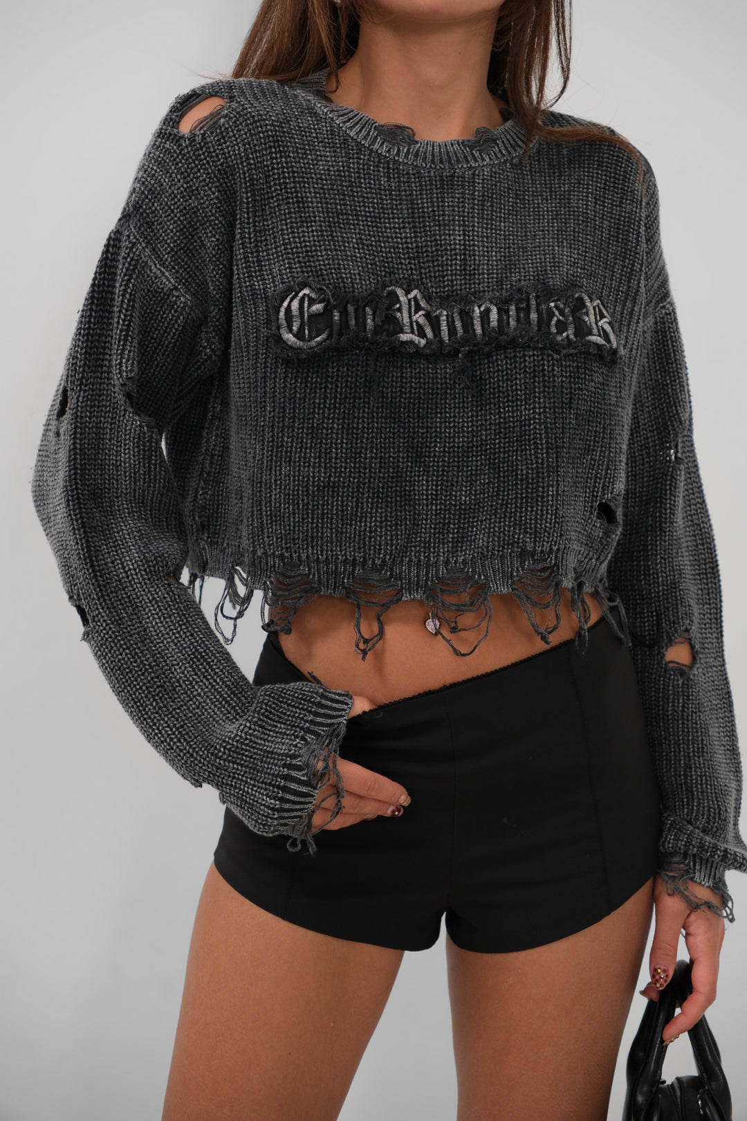 Laser Embroidered Washed Crop Smoke Sweater 