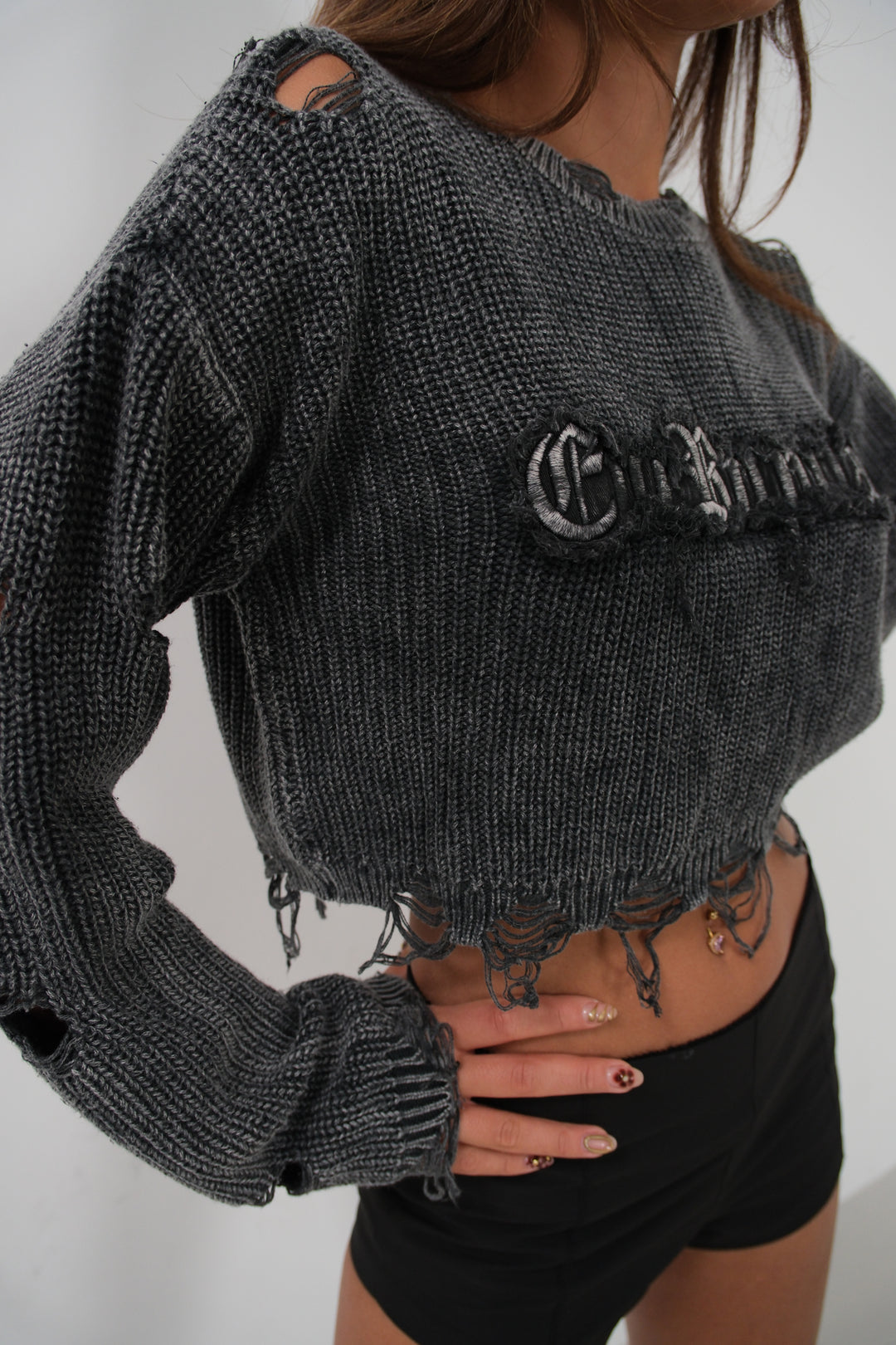 Laser Embroidered Washed Crop Smoke Sweater 