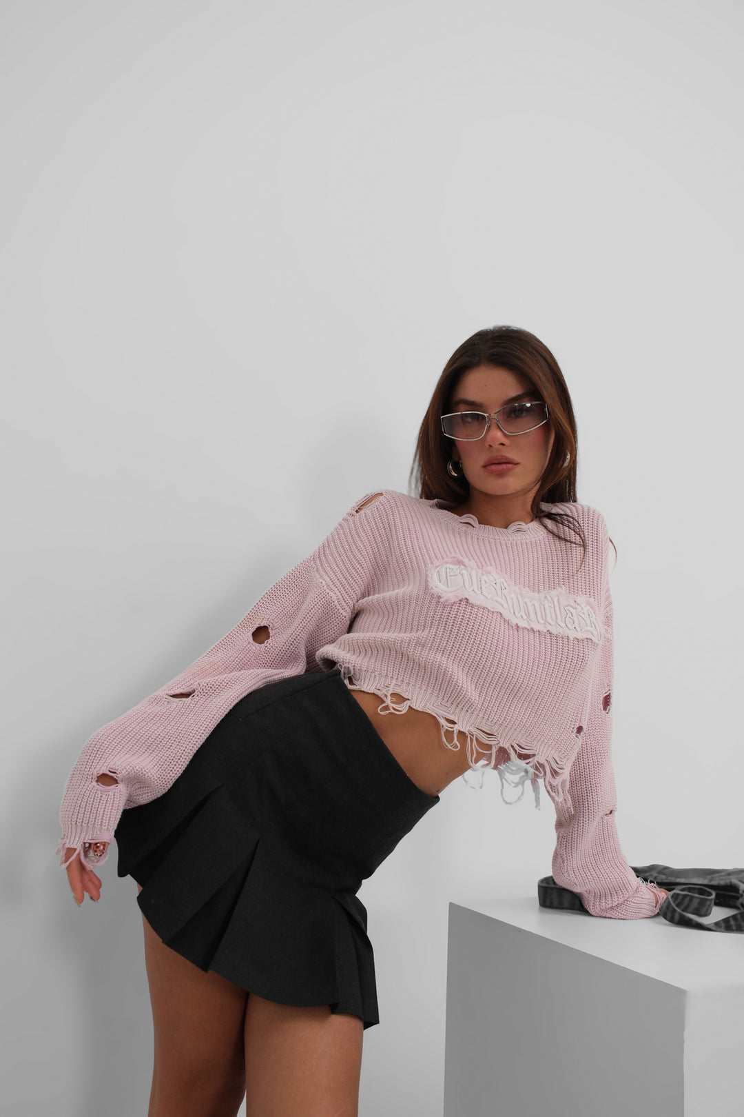Laser Embroidered Washed Crop Powder Sweater 