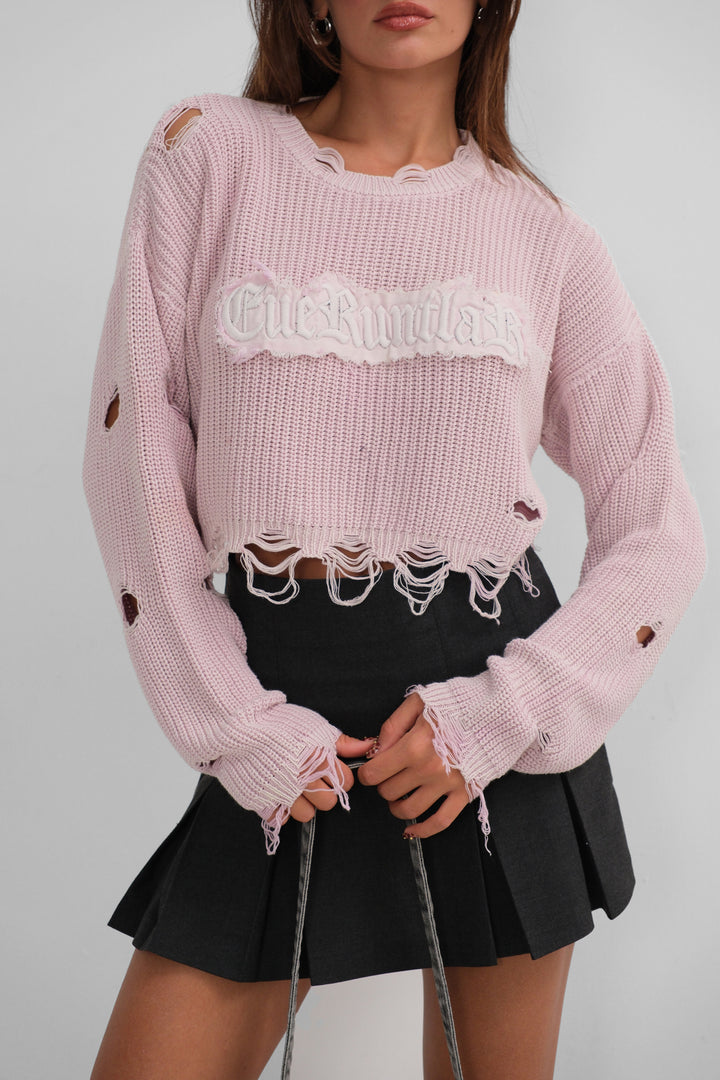 Laser Embroidered Washed Crop Powder Sweater 