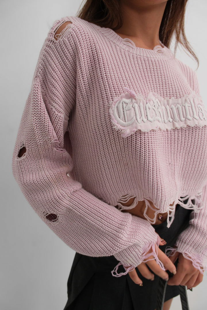 Laser Embroidered Washed Crop Powder Sweater 