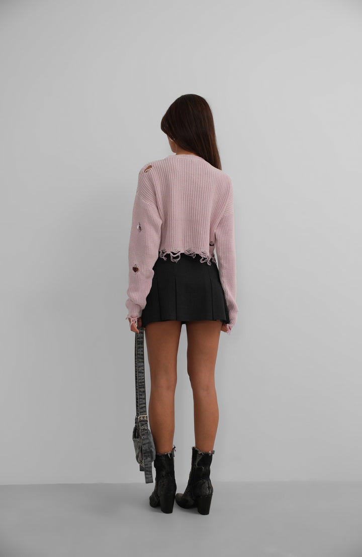 Laser Embroidered Washed Crop Powder Sweater 